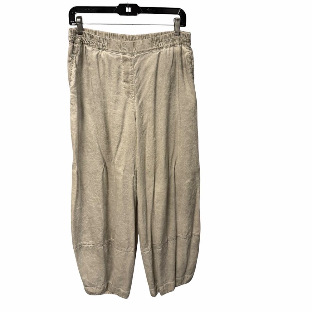 Grizas Silk Linen Blend Barrel Leg Pant Pull On Relaxed Fit Faded Green Large